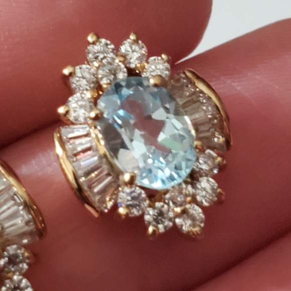 Topaz earrings tourmaline baguettes oval ice blue Genuine natural pierced gold - Picture 8 of 16